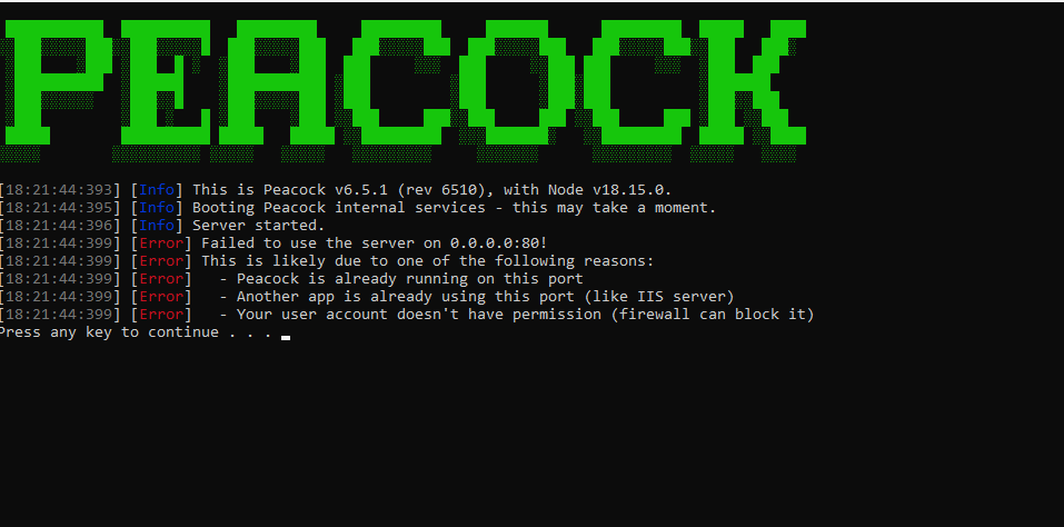 The error message shown when Peacock tries to use a port that's in use
